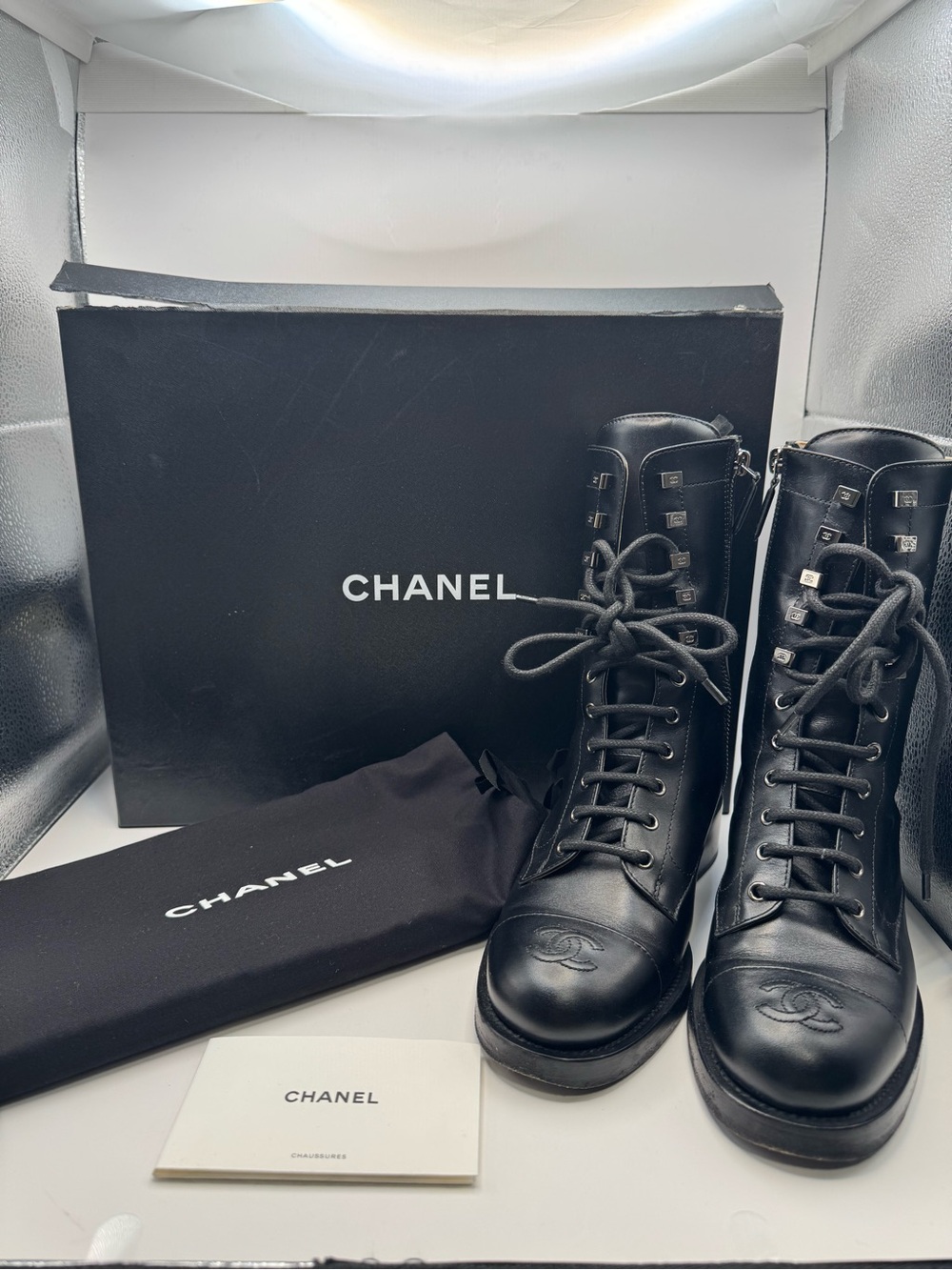 CHANEL Black Calfskin Leather Lace-Up Combat Boots CC Logo Size 37